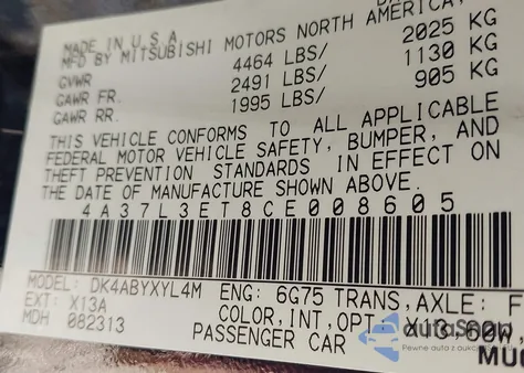 2012 Mitsubishi Eclipse Spyder Gt z USA, uszkodzony, nr VIN 4A37L3ET8CE008605